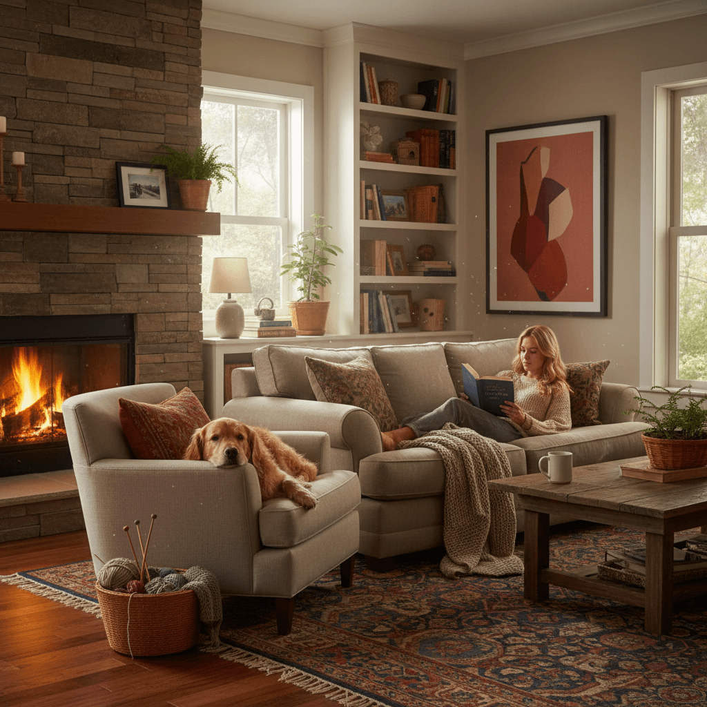 Happy dog resting on a couch in a cozy living room