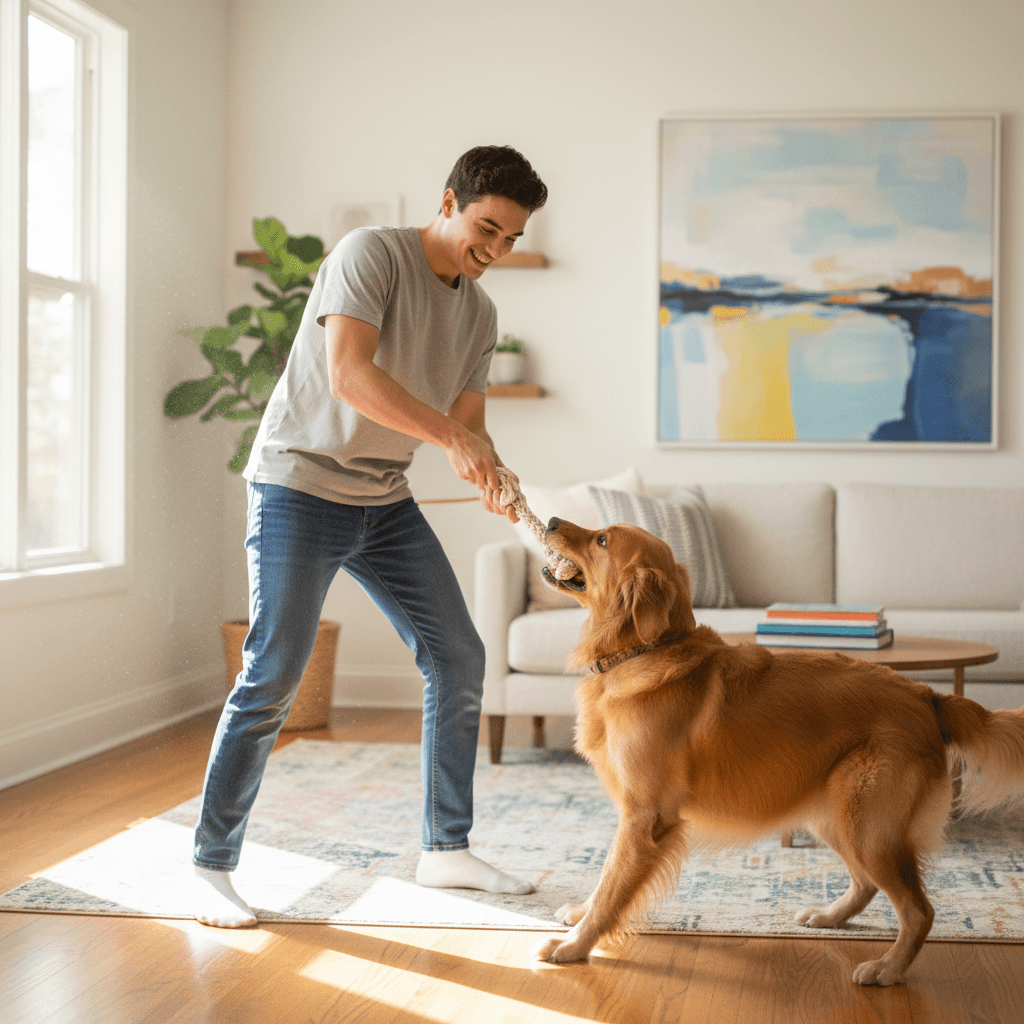 Person playing tug of war with an excited dog in a living room
