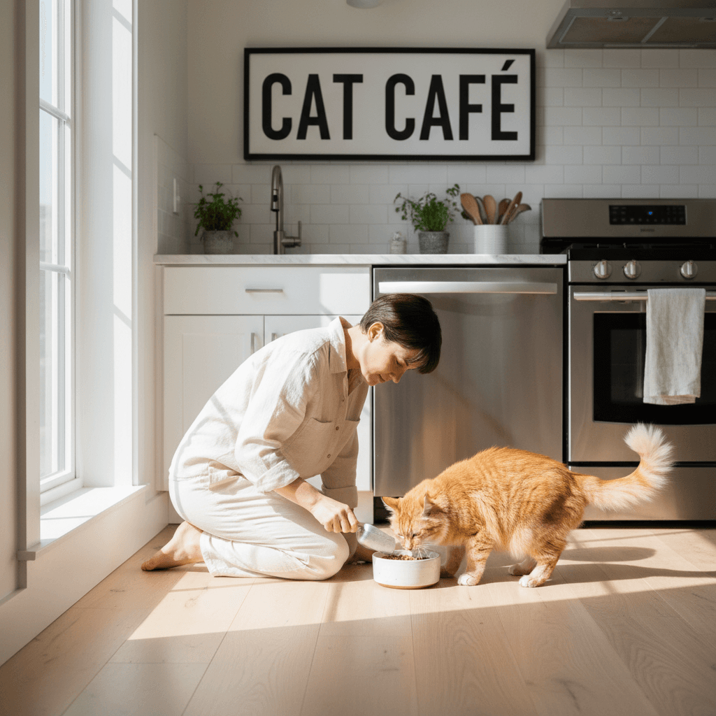 Person feeding a cat in a bright kitchen