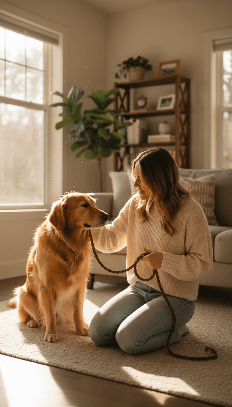 Pet sitter kneeling and petting a dog at home