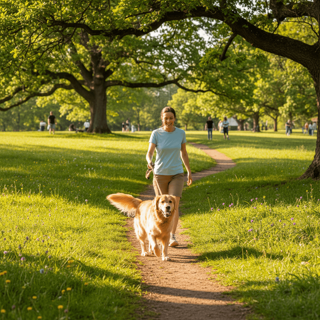 Person walking a happy dog on a leash in a park