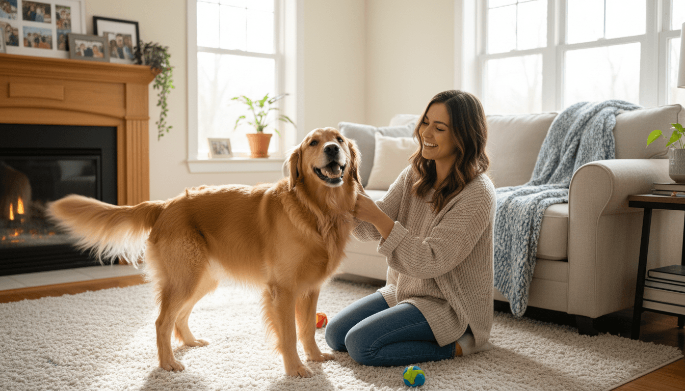 Happy dog being petted by a friendly pet sitter in a bright cozy living room