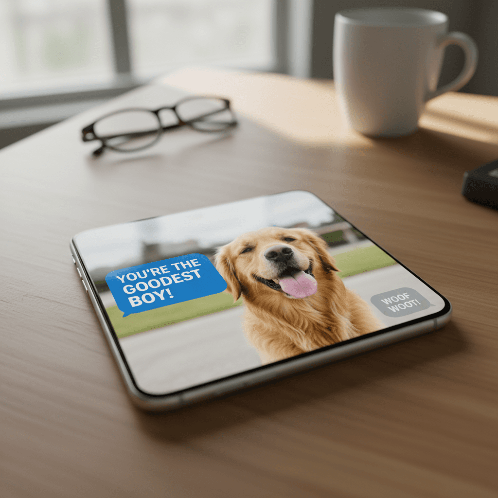 Smartphone on a table showing a photo of a happy dog