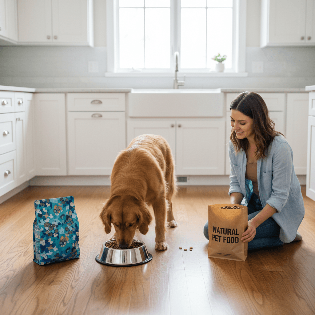 Dog eating from a bowl in a clean kitchen