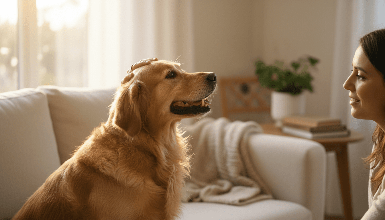 Happy dog being petted by owner in a cozy home living room with warm natural light