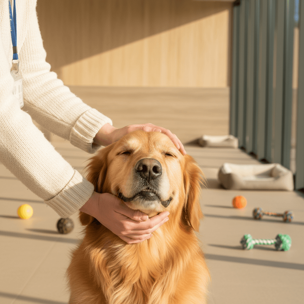 A hand gently petting a happy golden retriever in a bright, cozy living room