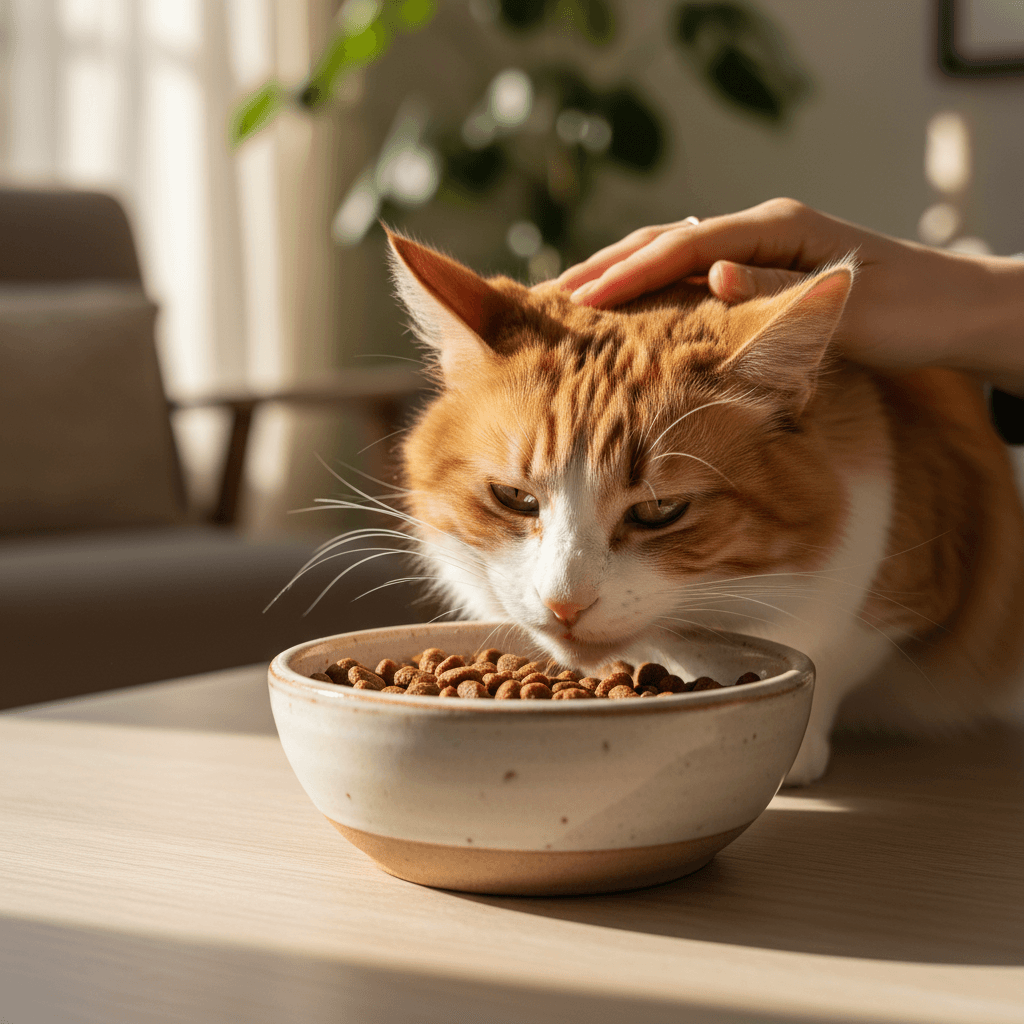 Person filling a pet food bowl in a bright kitchen while a cat watches nearby
