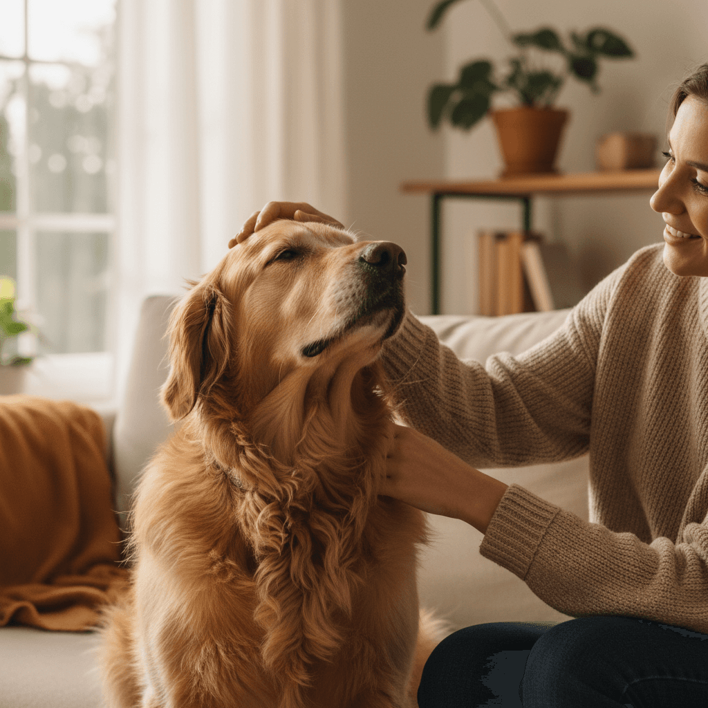 Happy dog being petted by a friendly pet sitter in a cozy home