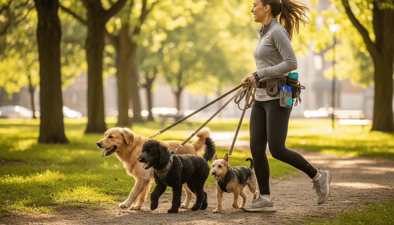Person walking a dog on a leash through a green park in Toronto on a sunny day