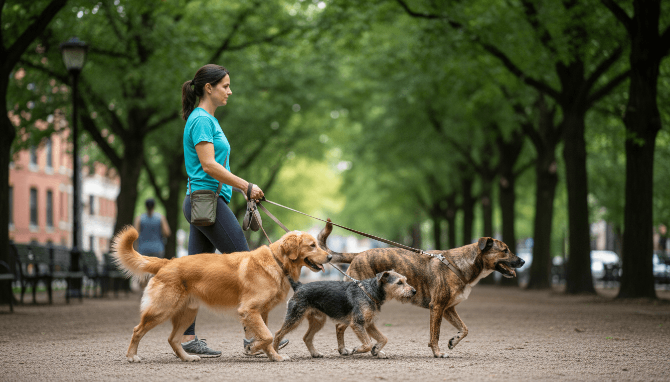 Woman walking a happy dog on a leash through a sunny green park in Toronto