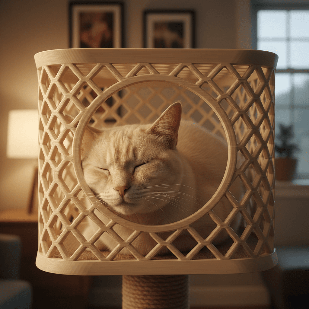 Person gently scratching a happy cat's head in a cozy apartment with soft daylight