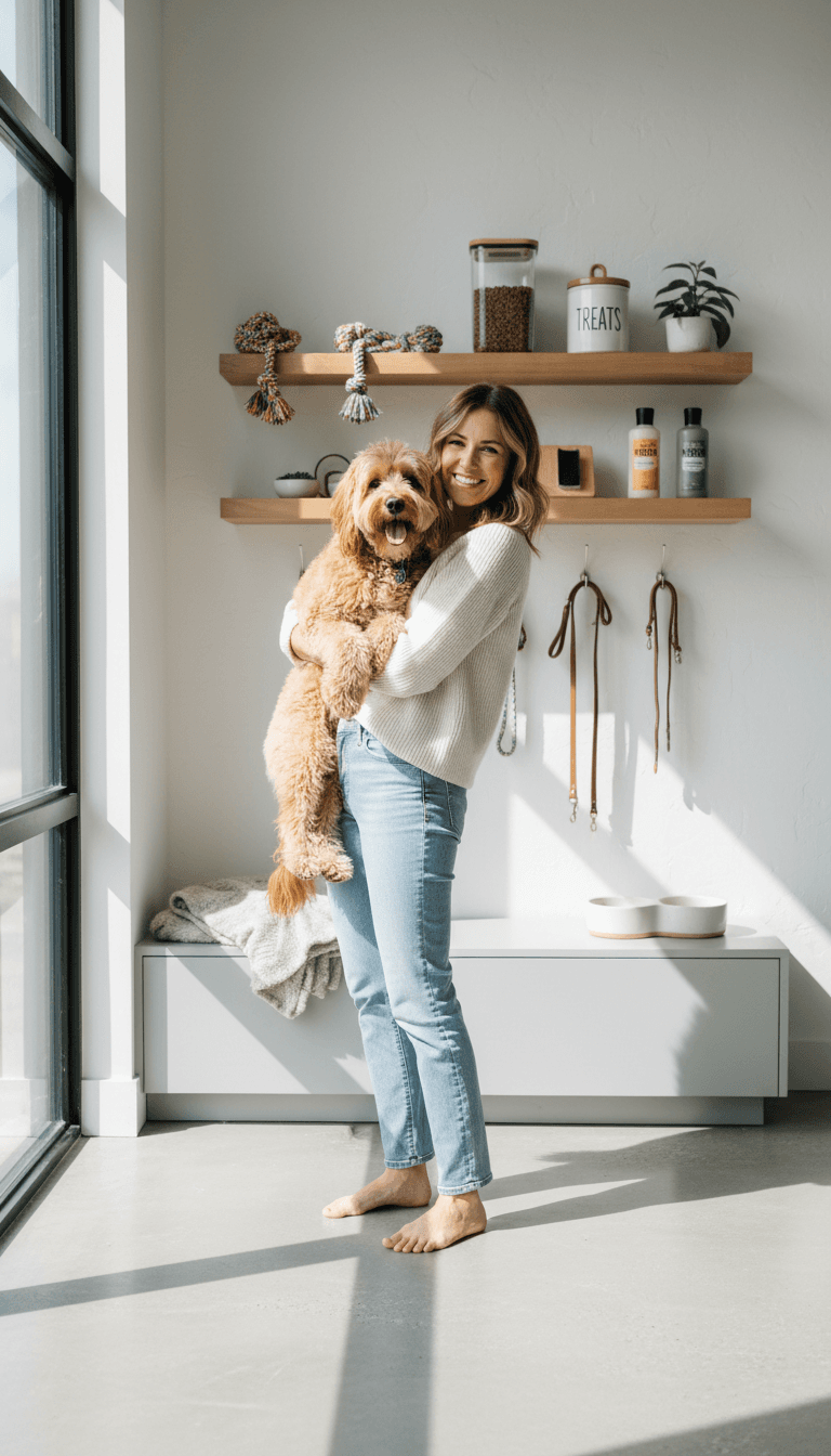 Pet sitter giving a dog gentle attention in a comfortable Toronto home