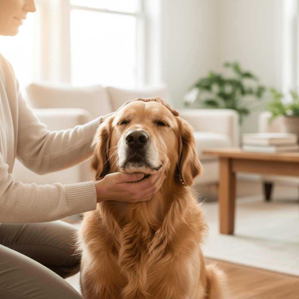 Pet sitter kneeling on a living room floor petting a happy golden retriever in warm natural light